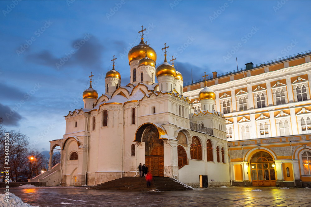 Annunciation Cathedral of the Moscow Kremlin in the winter evening, Russia