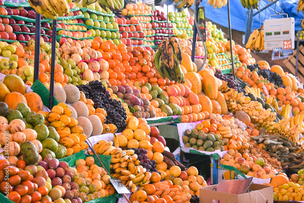 Arequipa, Peru - October 7, 2018: Fresh fruit and vegetable produce on sale in the central market, Mercado San Camilo