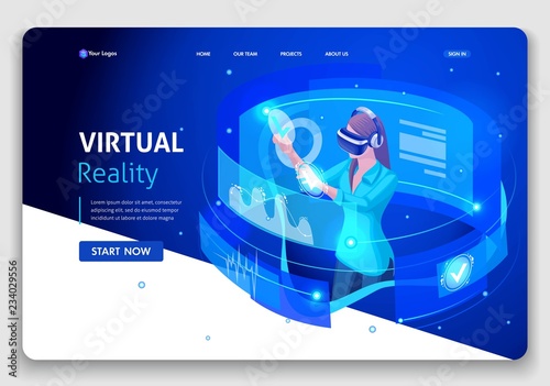 Website template Business design. Isometric concept business woman work, Augmented reality, time management. Easy to edit and customize