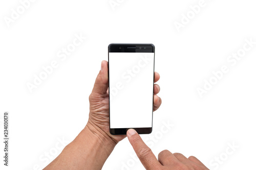  hand holding smartphone on clipping path on white background.