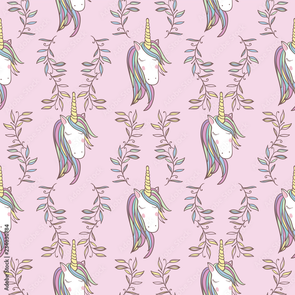 Fototapeta premium Unicorn Rainbow seamless pattern - girls scrapbook paper. Perfect for wrapping presents, scrapbook pages, cards, party decorations, book/journal cover, product design, apparel, planners, invitations