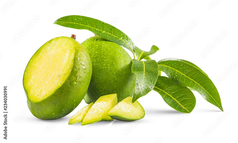 Fresh green mango called ''Mange Carotte'' isolated on white background -  very popular green, in rougail or cut into pieces with salt and pepper.  фотография Stock | Adobe Stock