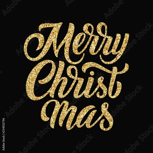 Merry Christmas brush hand lettering with goldn glitter texture on black background. Vector typography illustration. Can be used for holidays festive design. photo