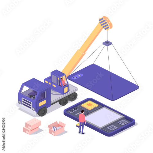 Mobile repair and service concept. Smartphone with repairman, spare parts and crane. Isometric composition. Illustration for web sites and print. Vector illustration