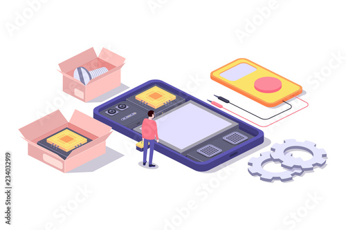 Mobile repair and service concept. Smartphone with repairman and spare parts. Isometric composition. Illustration for web sites and print. Vector illustration
