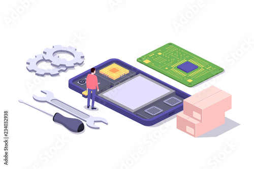 Mobile repair and service concept. Smartphone with repairman and spare parts. Isometric composition. Illustration for web sites and print. Vector illustration