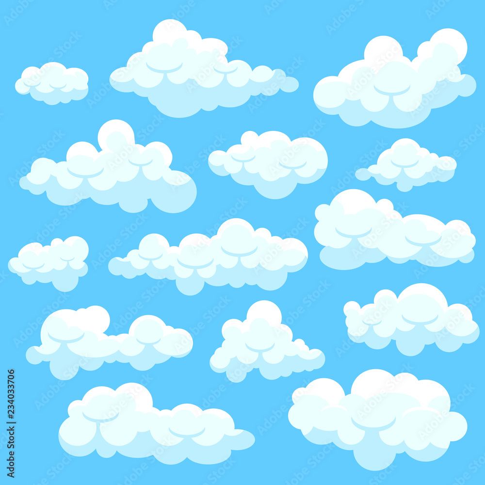 Naklejka Set catoon chmury odizolowywać na niebieskim niebie