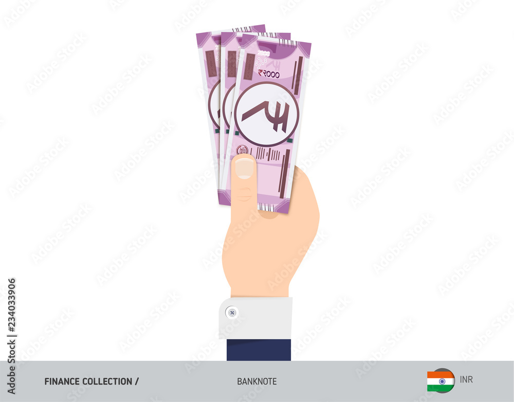 2000 Indian Rupee Banknote. Hand gives money. Flat style vector illustration. Salary payout or corruption concept.