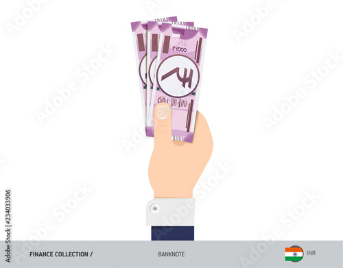 2000 Indian Rupee Banknote. Hand gives money. Flat style vector illustration. Salary payout or corruption concept.