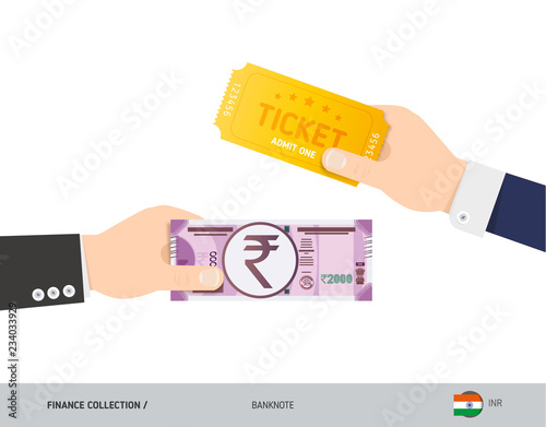 Hand giving 2000 Indian Rupee and ticket instead. Flat style vector illustration. Business finance concept.