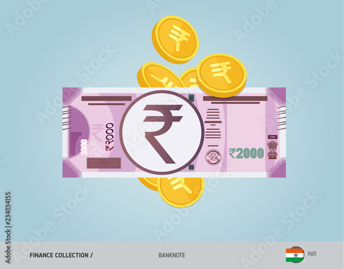 2000 Indian Rupee Banknote with flying coins. Flat style vector illustration. Finance concept.