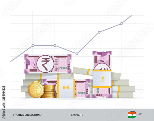 Growth graph with bundles of 2000 Indian Rupee Banknotes and coins. Flat style vector illustration. Financial and economy concept.