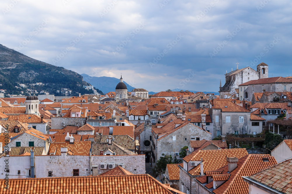 View over the old city Dubrovnik with mountains, Croatia
