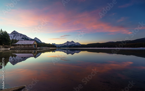 perfect reflection in Maligne Lake, Jasper National Park. Alberta Canada