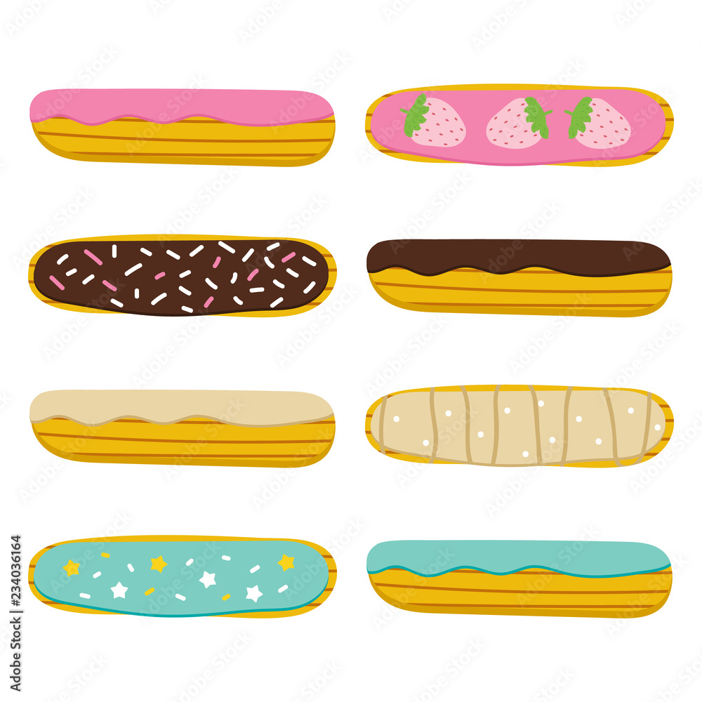 Set, collection of sweet french pastry, eclair in cartoon style for menu or recipe design. Set, collection of sweet french pastry, eclair in cartoon style for menu or recipe design.