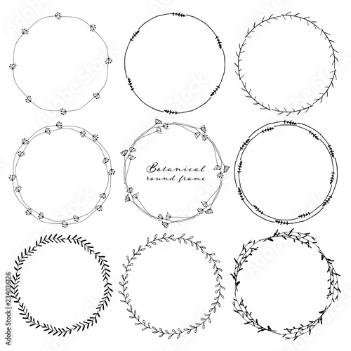 Set of botanical round frame, Hand drawn flowers, Botanical composition, Decorative element for Invitations card, Vector illustration.