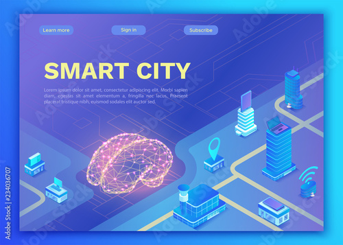 Smart city isometric concept, artificial intelligence management of online transportation system, mobile app landing page template with intelligent buildings, smartphone, 3d vector illustration