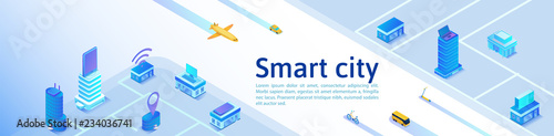 Smart city isometric banner, online transportation service, mobile app landing page template with intelligent buildings, smartphone, tablet, laptop, 3d vector illustration