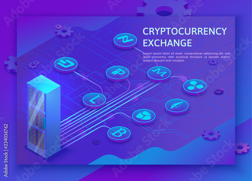 Cryptocurrency isometric 3d landing page with server and digital money icons, blockchain technolodgy and virtual payment concept, vector illustration