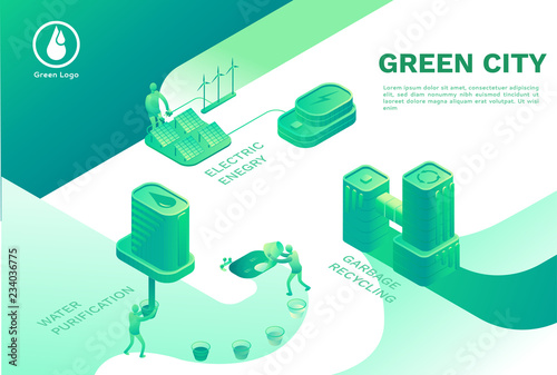 Green eco city with smart technologies concept, landing page tem