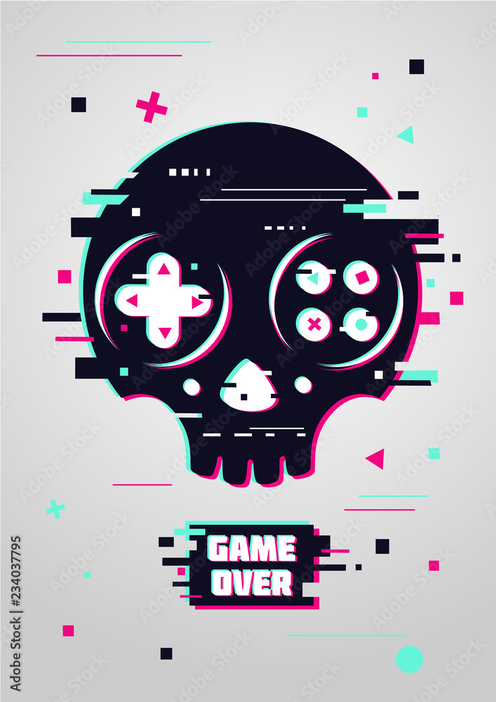 Game over glitchy sign with skull and gamepad. Video game symbol. Gamer  poster. Stock Vector