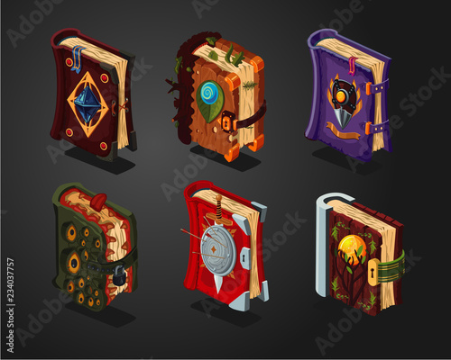Magic book icons set on isolated background. Fantasy cartoon covers. Game design concept.
