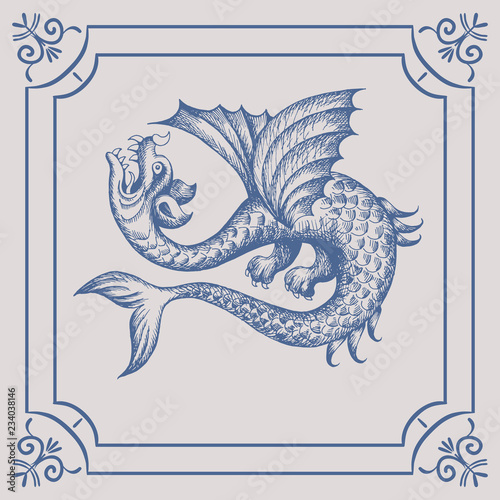 Mythological vintage sea monster on the Blue Dutch tile. Imitation. Glazed porcelain ceramic.