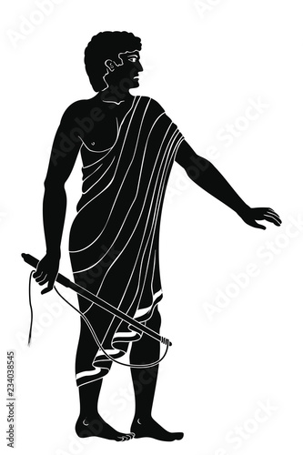 Ancient Greek man with a whip in his hand. Manager at the household yard. Figure isolated on white background.