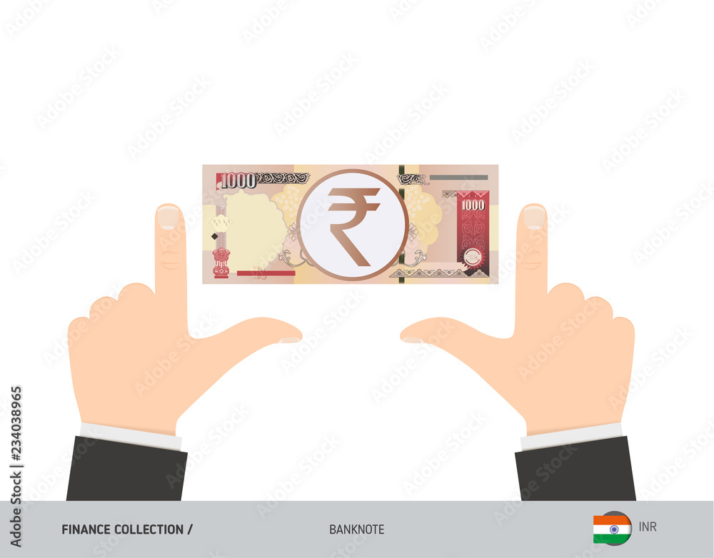 Fototapeta premium 1000 Indian Rupee Banknote. Business hands measuring banknote. Flat style vector illustration. Business finance concept.