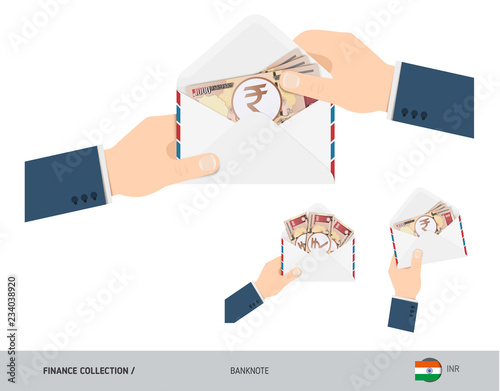 1000 Indian Rupee Banknotes in envelope hold in hand. Set of flat style opened white envelopes with cash. Salary payout or corruption concept.