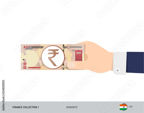 1000 Indian Rupee Banknote. Hand gives money. Flat style vector illustration. Salary payout or corruption concept.
