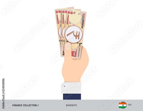 1000 Indian Rupee Banknote. Hand gives money. Flat style vector illustration. Salary payout or corruption concept.