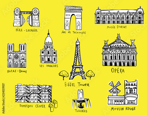 Paris city sights illustrations
