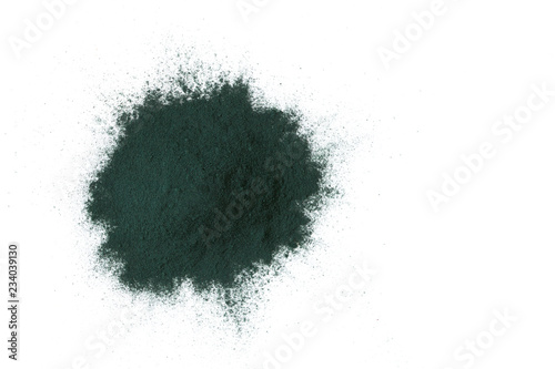 Spirulina algae powder isolated on white background, Super food concept. Top view