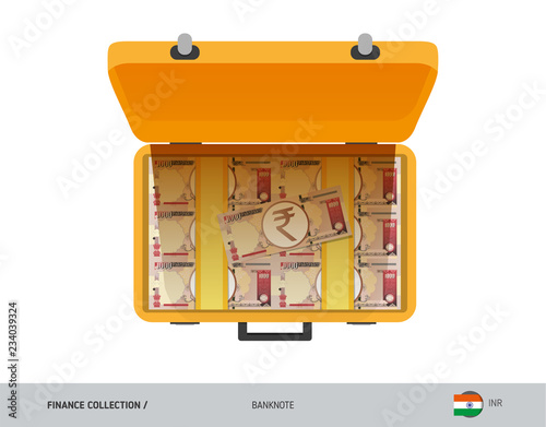 Yellow case with 1000 Indian Rupee Banknotes. Flat style vector illustration. Salary payout or corruption concept.