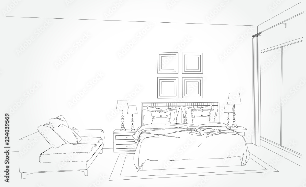 Linear sketch of an interior. Room plan. Sketch Line bedrooms. Vector illustration.outline sketch drawing perspective of a interior space