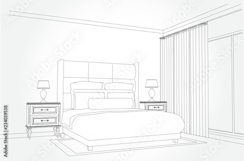 Linear sketch of an interior. Room plan. Sketch Line bedrooms. Vector illustration.outline sketch drawing perspective of a interior space