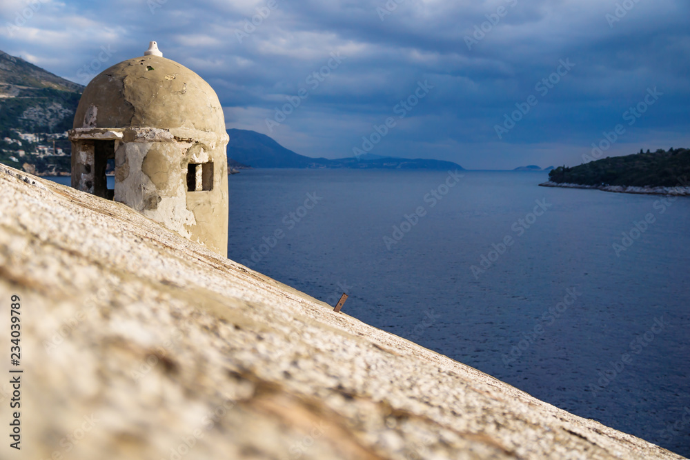 Watchtower along the fortress of Dubrovnik along the ocean, Croatia
