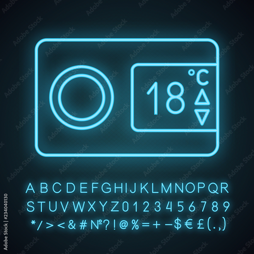 Digital thermostat neon light icon Digital thermostat neon light icon