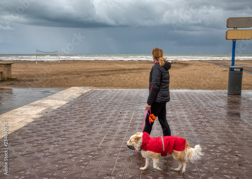A blonde woman walking a dog in a bright red raincoat on a stormy day at a beach on the boardwalk with the sand, the waves and the cloudy sky in the distance