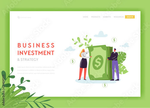 Business Investment and Strategy Landing Page Template. Growth Economy Concept with Man and Woman Characters Saving Money for Website and Web Page. Vector illustration