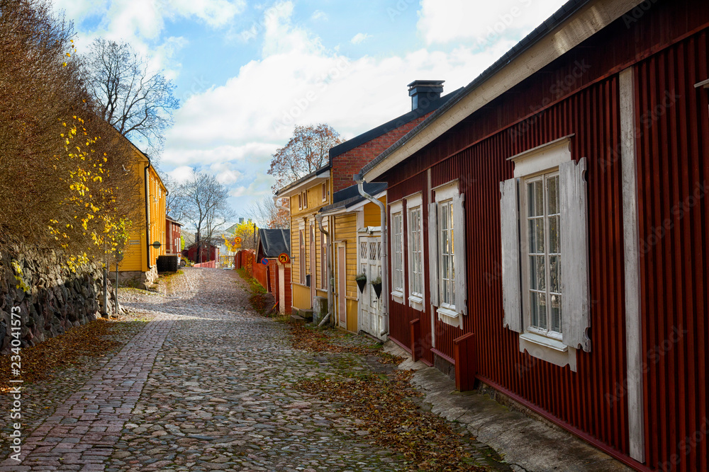 Street with wooden houses in the city of Porvoo, Finland
