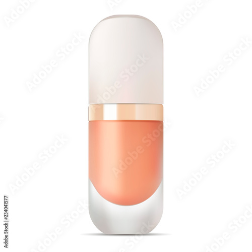Cosmetic base matt glass bottle. Advertising of tonal cream, concealer, base. Vector design of cosmetic package. Nutritious cream, gel, body lotion with protein of silk.