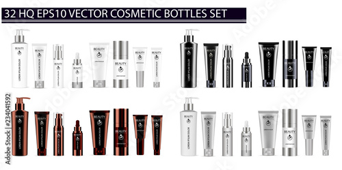 Luxury color 32 pcs. cosmetics bottle set: dispenser, dropper, cream tubes, deodorant. Vector cosmetic mockup package design. Sample label and logo included.