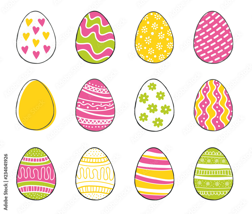Happy Easter greeting templates card colors green, pink, yellow with hand drawn modern eggs. Vector illustration. 