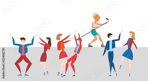 Female pop-star performing in front of the audience. Musical show and the crowd. Flat vector illustration, horizontal.