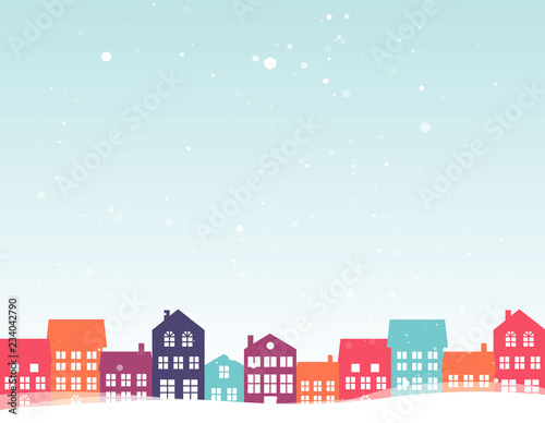 Christmas landscape with colorful houses. Winter background. For design flyer, banner, poster, invitation