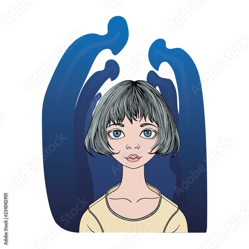Social anxiety disorder, social phobia concept. Depressed young woman in the crowd of shadows. Flat vector illustration, isolated on white background.