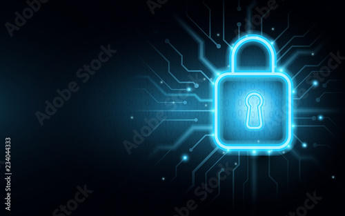 Padlock on circuit board with Cyber security background