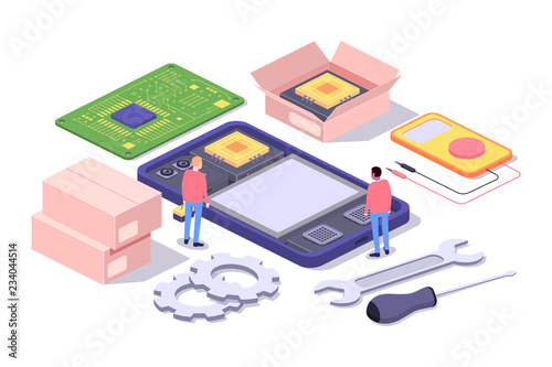 Mobile repair and service concept. Smartphone with repairmans and spare parts. Isometric composition. Illustration for web sites and print. Vector illustration